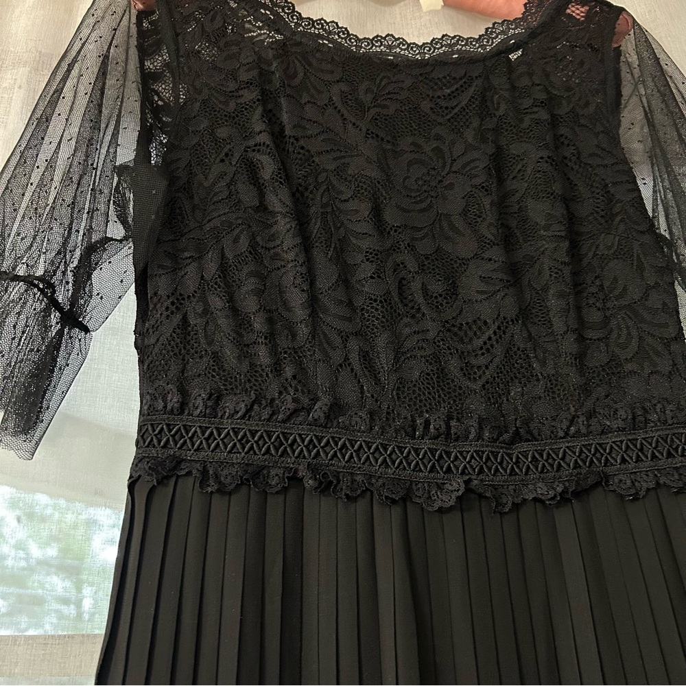 Pleated Lace Chiffon Formal Evening Casual Maxi A-Line black Dress - Picture 8 of 15